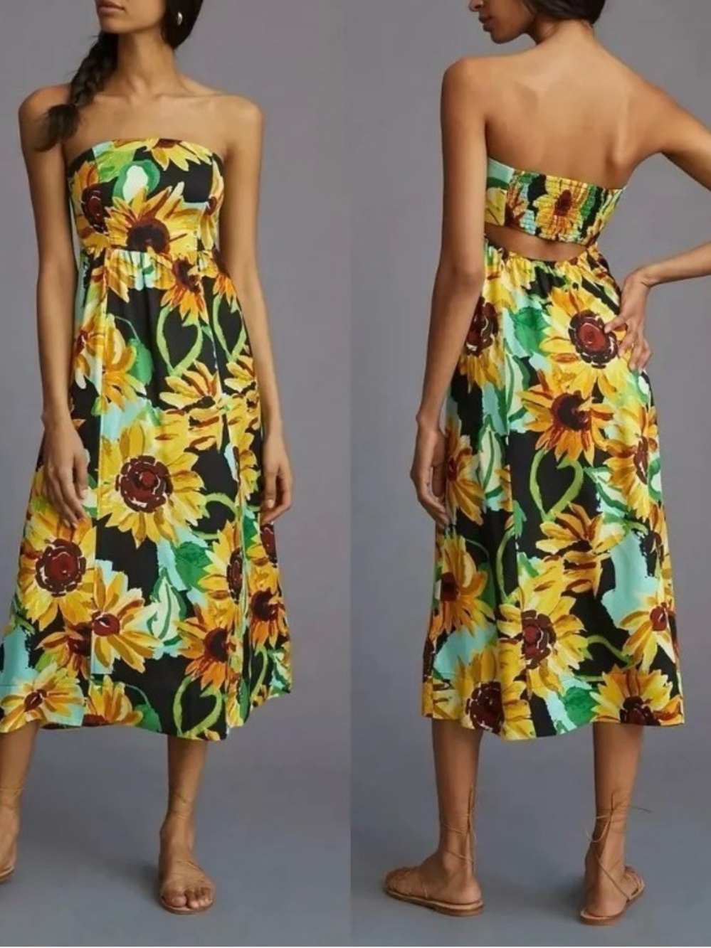 Anthropologie Maeve Sunflower Strapless Silk Rayon Midi Dress boho Cottagecore